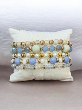Elegant Blue & Gold Bracelet Stack | Luxe & Pastel Gemstone Bracelets